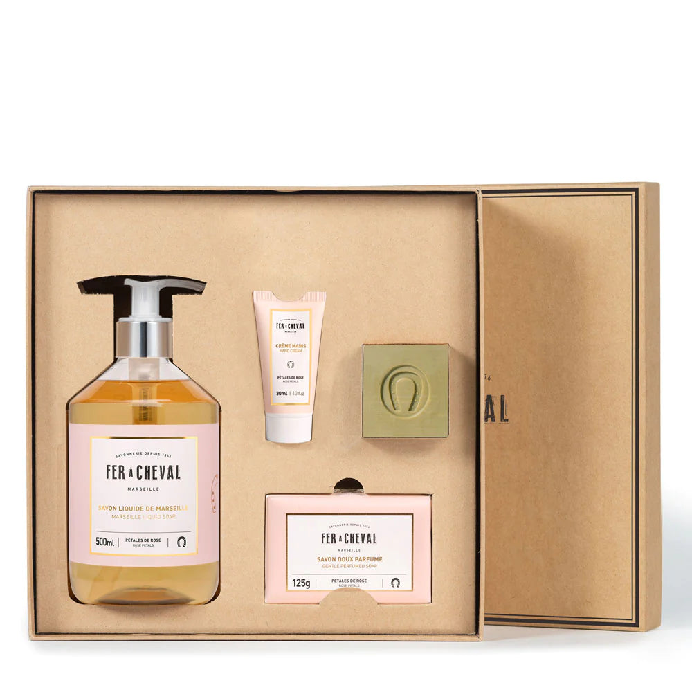 Gift Box Pétales de Rose - Zachte zeep , Handcrème, Vloeibare zeep en Pure Olive Marseille Soap