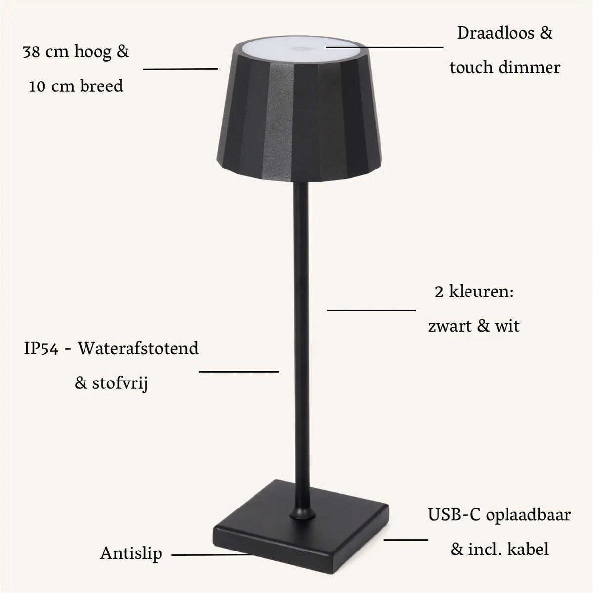 William Black oplaadbare ijzeren tafellamp/ warm white – 120 uur batterij, dimbaar, opladen via USB-C