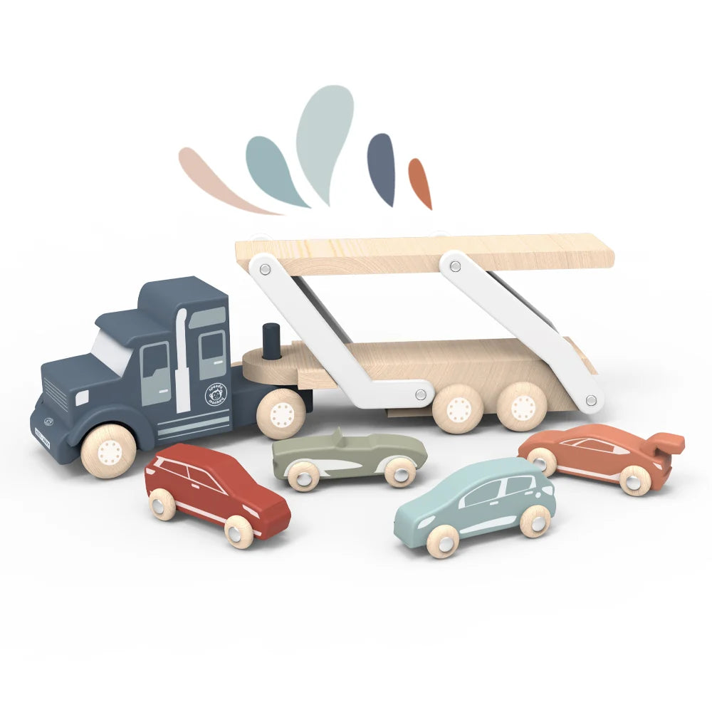 Houten Autotransporter met 4 Speelgoedauto&