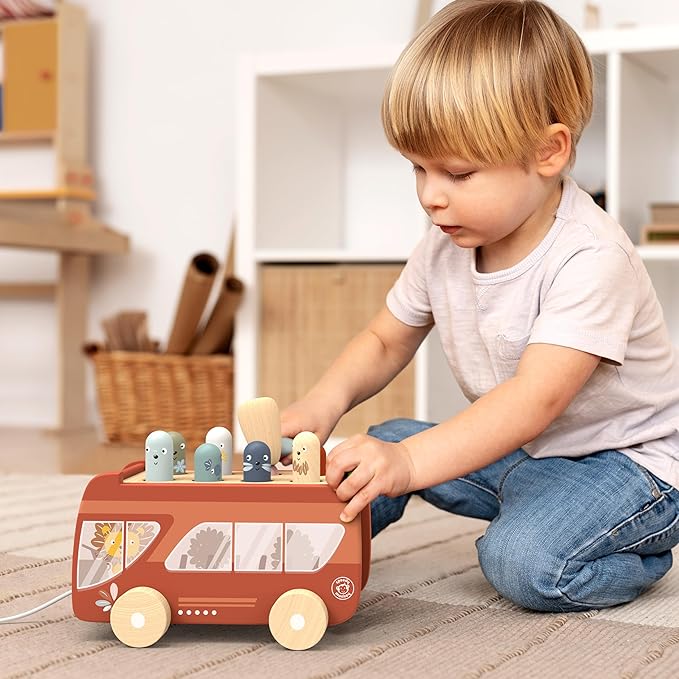 Houten Hamerbank Bus met Trekkoord – Speedy Monkey Klopbank Speelgoed 2+