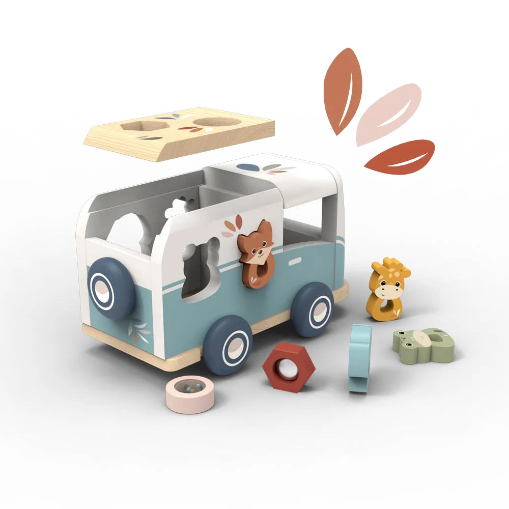 Houten Speelgoedbusje met Dieren Insteekvormen – Speedy Monkey 12m+