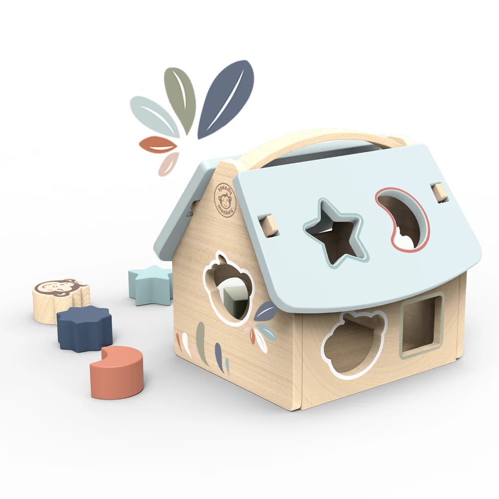 Houten Huisvormige Sorteerpuzzel met Leuke Vormblokjes – Speedy Monkey