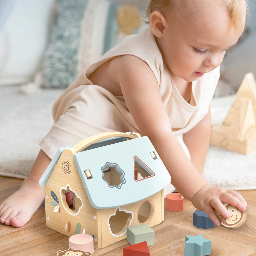 Houten Huisvormige Sorteerpuzzel met Leuke Vormblokjes – Speedy Monkey