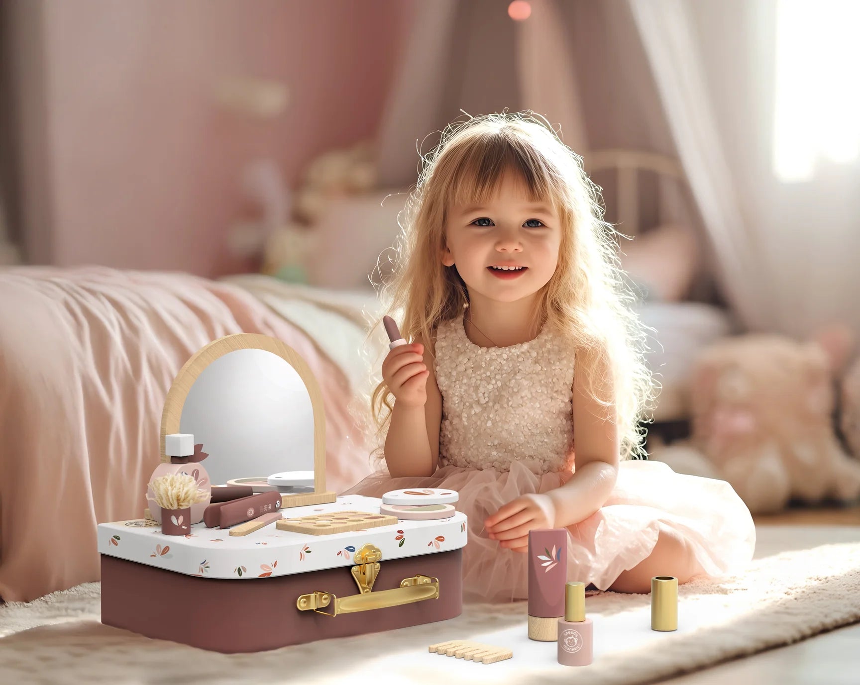 Houten Speelkoffer Beauty Set voor Kinderen – Kappers- en Schminkspeelgoed 3+