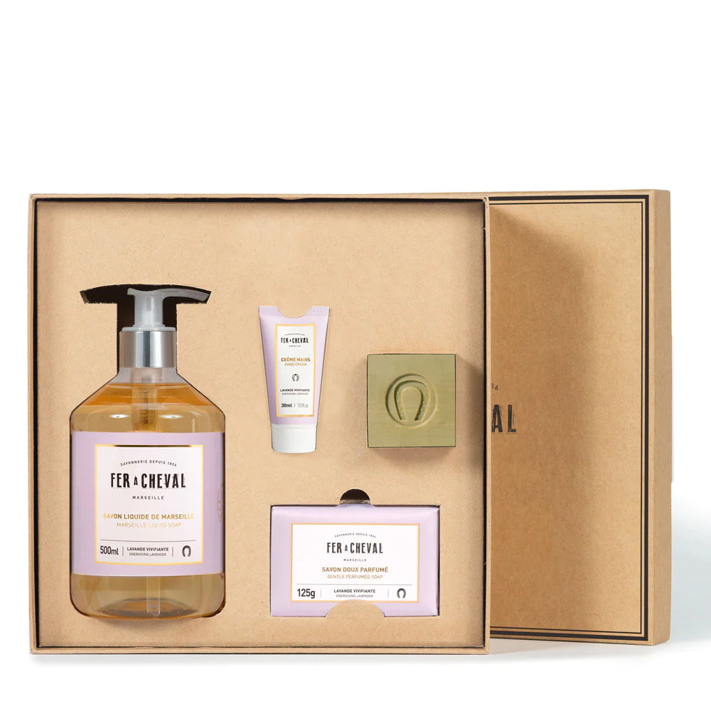 Gift Box Lavendel - Zachte zeep , Handcrème, Vloeibare zeep en Pure Olive Marseille Soap