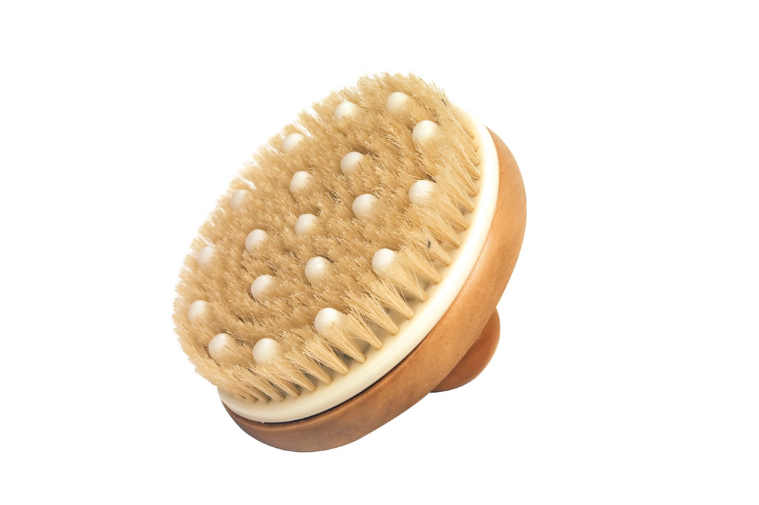 Bath brush with massage nubs and wooden handle