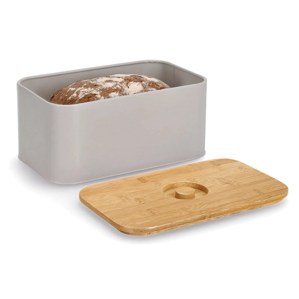 Zeller Present Broodtrommel metaal beige/grijs met bamboe deksel