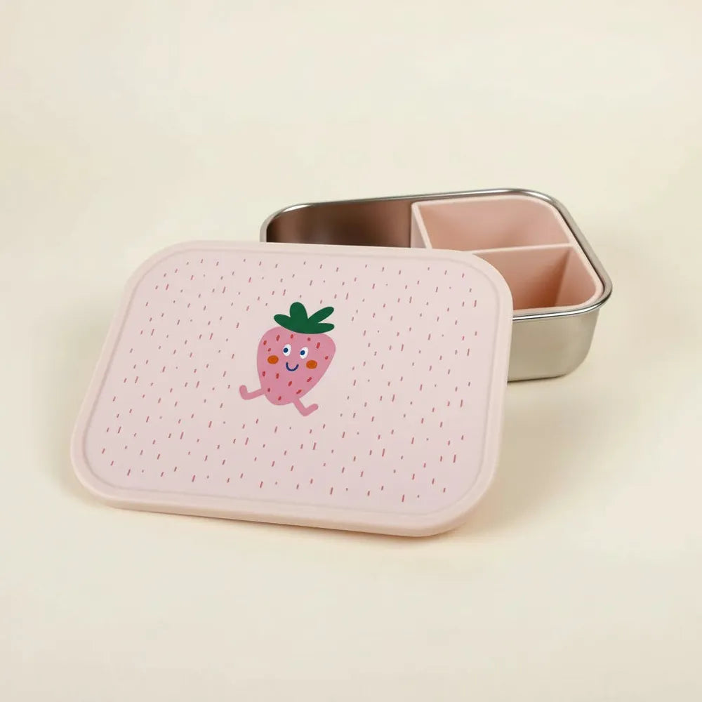RVS Kinder Lunchbox met Siliconen Verdeelvak – Aardbei Fruitprint