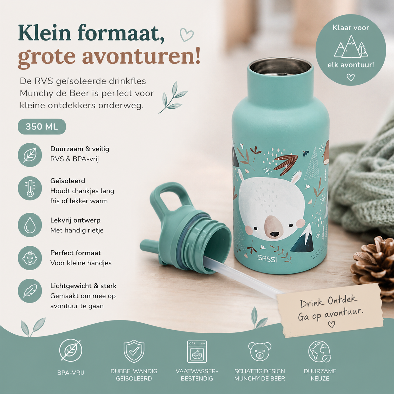 Drinkfles kind RVS geïsoleerd - 350 ml - Munchy de Beer