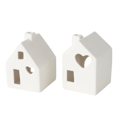 Set of 2 Tealight Houses Ceramic White