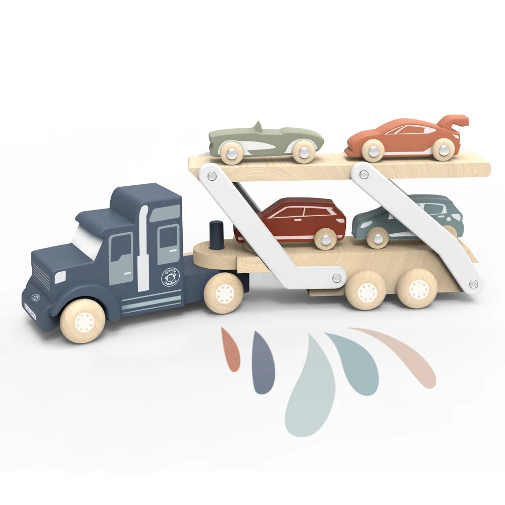 Houten Autotransporter met 4 Speelgoedauto&