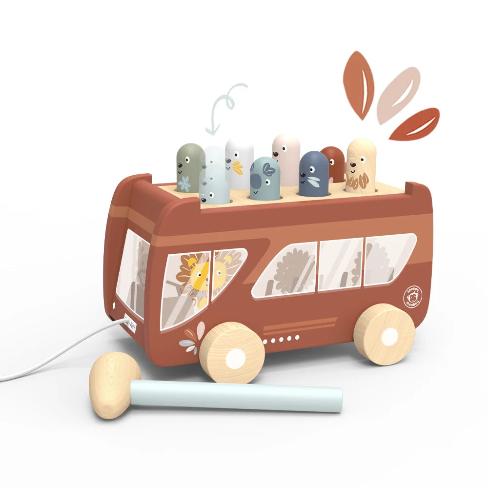 Houten Hamerbank Bus met Trekkoord – Speedy Monkey Klopbank Speelgoed 2+