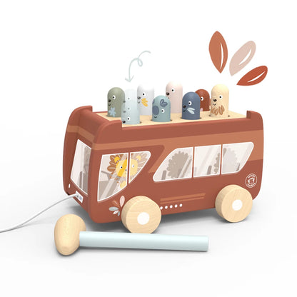 Houten Hamerbank Bus met Trekkoord – Speedy Monkey Klopbank Speelgoed 2+