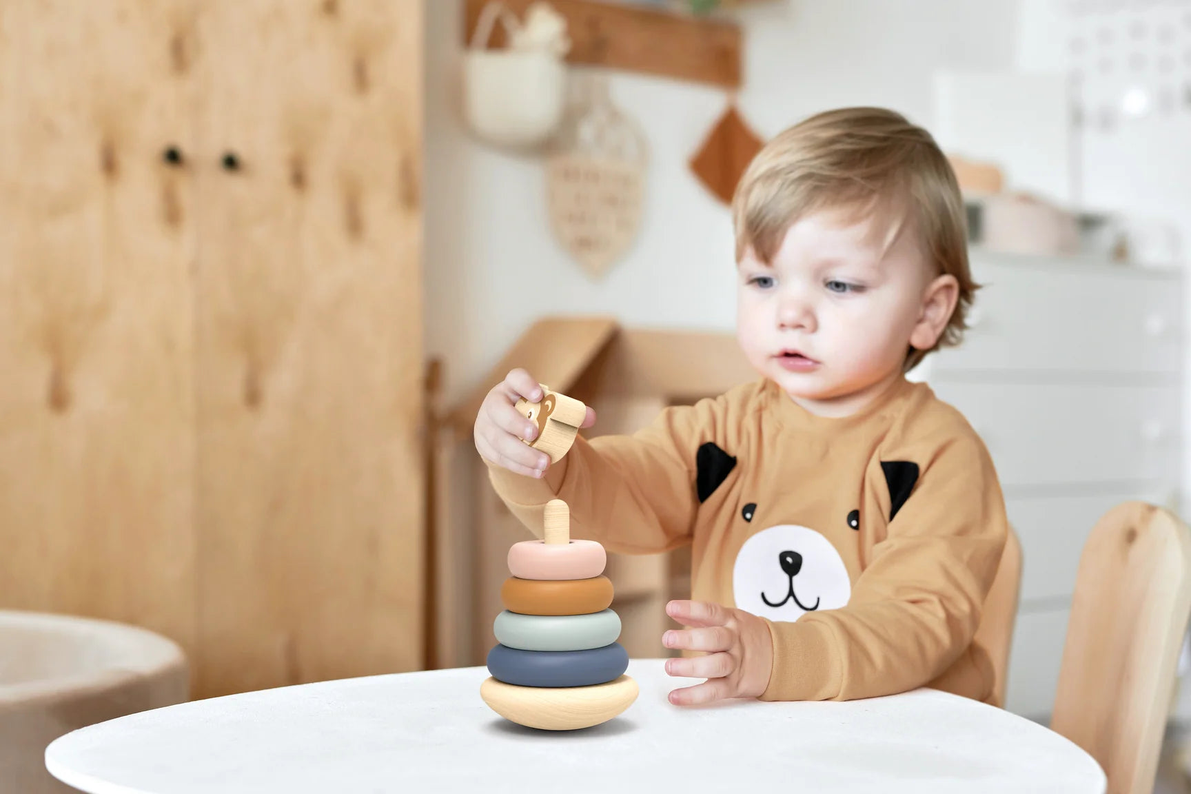 Houten Stapeltoren Aapje Roly Poly Stacker – Speedy Monkey Wiebelspeelgoed 12m+
