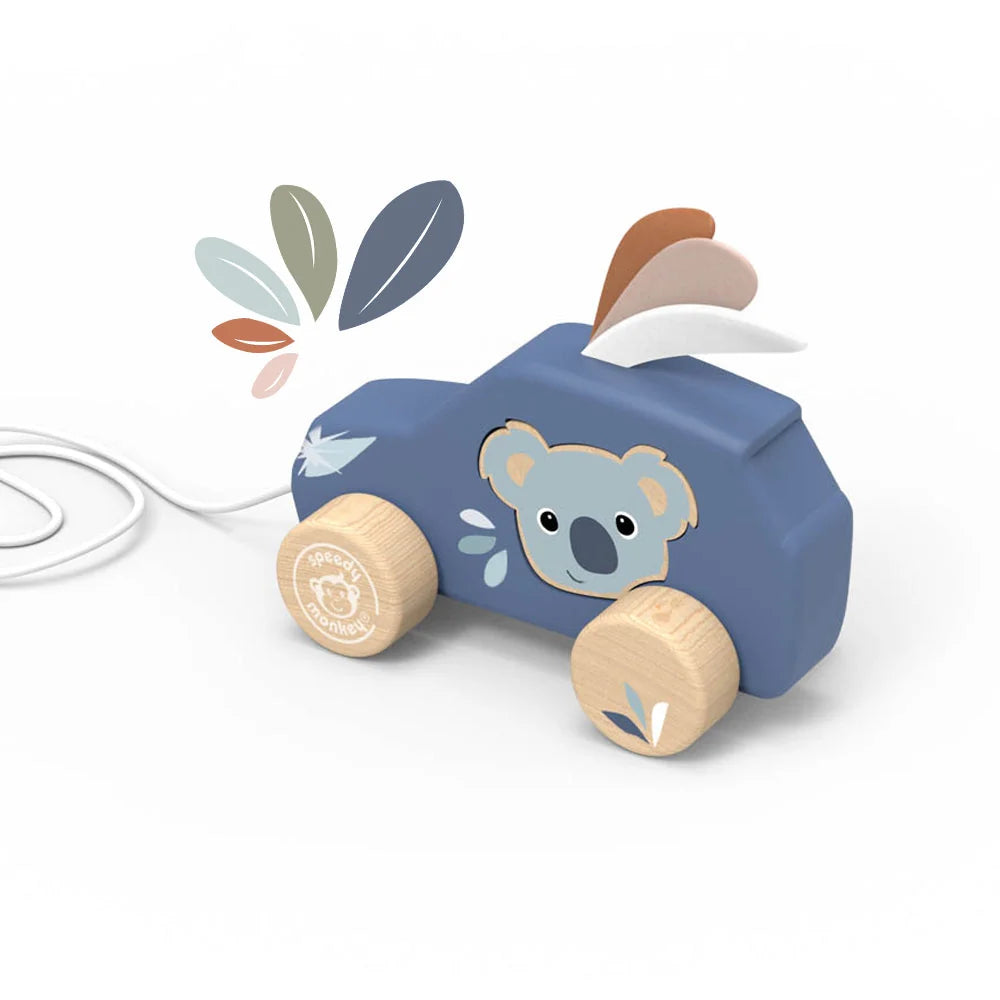 Houten Trekauto met Koala – Speedy Monkey Pull Along Car 12m+