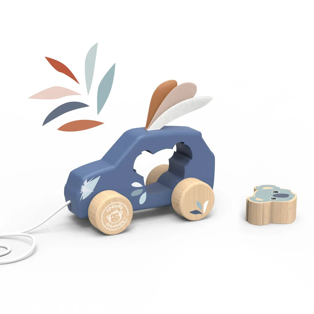 Houten Trekauto met Koala – Speedy Monkey Pull Along Car 12m+