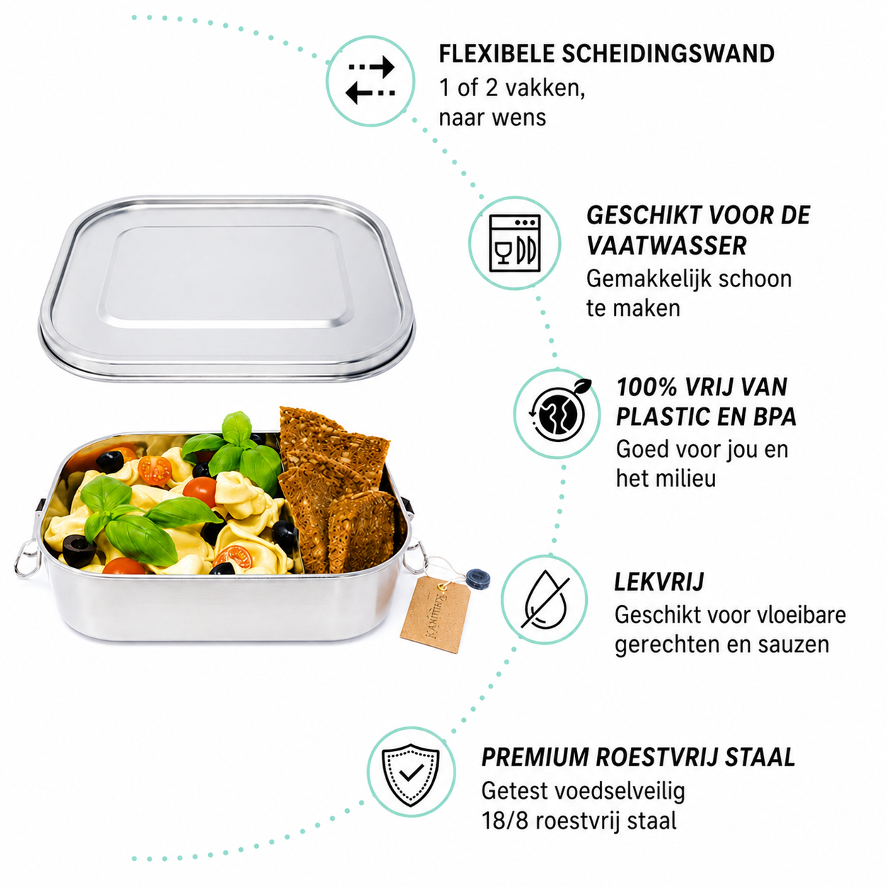 Lekvrije RVS Lunchbox XL 1400 ml – Met Flexibele Verdeelwand en 2 Compartimenten