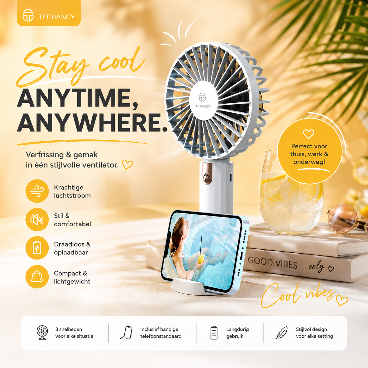 Oplaadbare USB Handventilator – Draagbare Mini Ventilator met Bureaustandaard &amp; Telefoonhouder