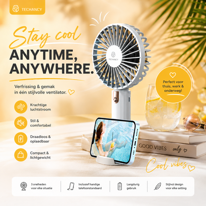 Oplaadbare USB Handventilator – Draagbare Mini Ventilator met Bureaustandaard &amp; Telefoonhouder