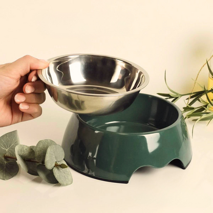 Dark green stainless steel dog or cat food bowl | Set of 2 - ne&amp;amp;no