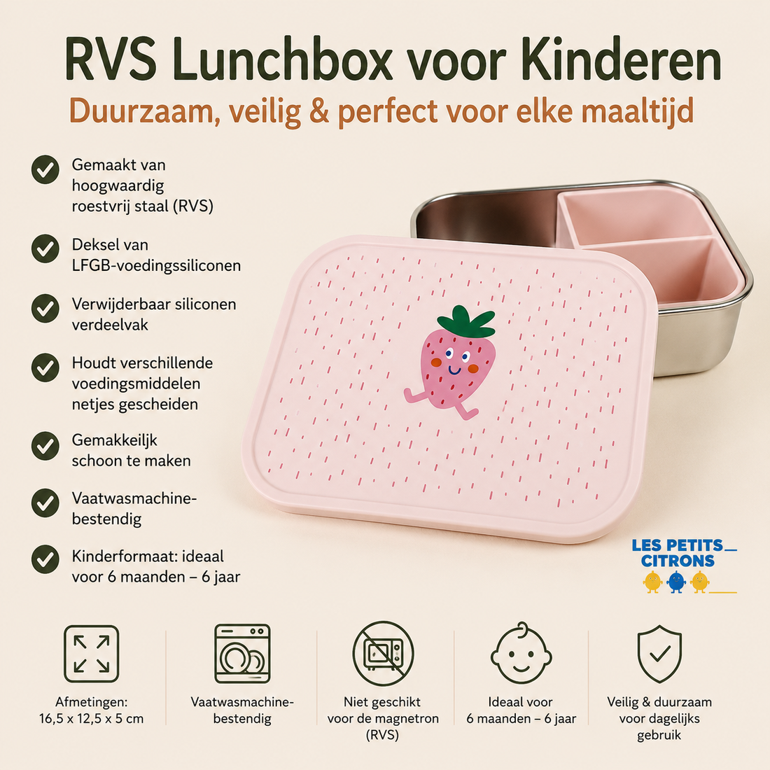 RVS Kinder Lunchbox met Siliconen Verdeelvak – Aardbei Fruitprint