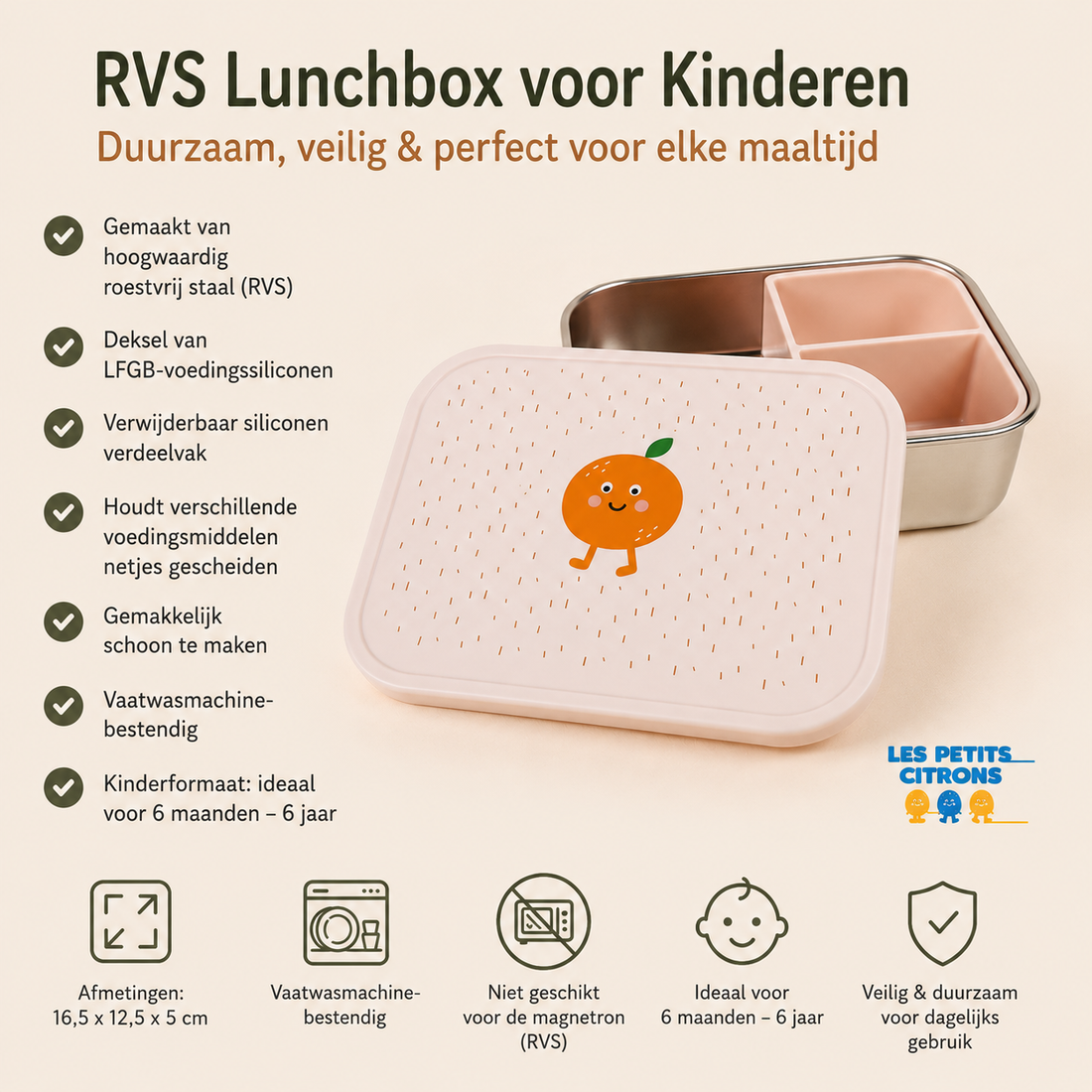RVS Kinder Lunchbox met Siliconen Verdeelvak – Appelsien Fruitprint