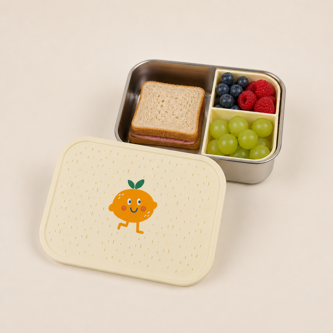 RVS Kinder Lunchbox met Siliconen Verdeelvak – Citroen Fruitprint