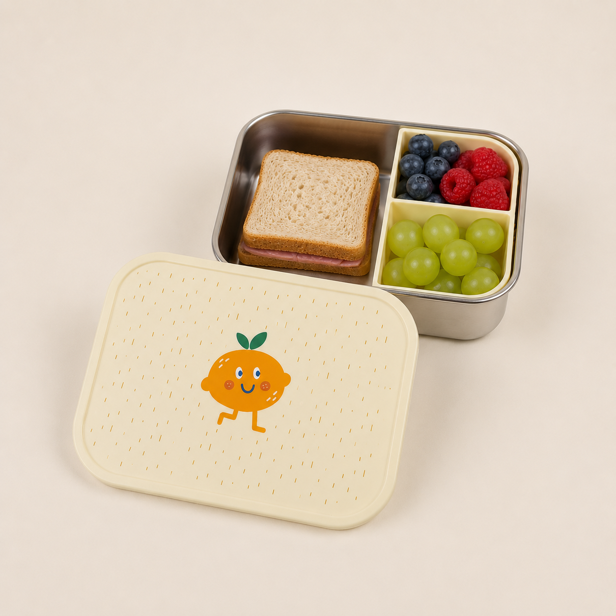 RVS Kinder Lunchbox met Siliconen Verdeelvak – Citroen Fruitprint