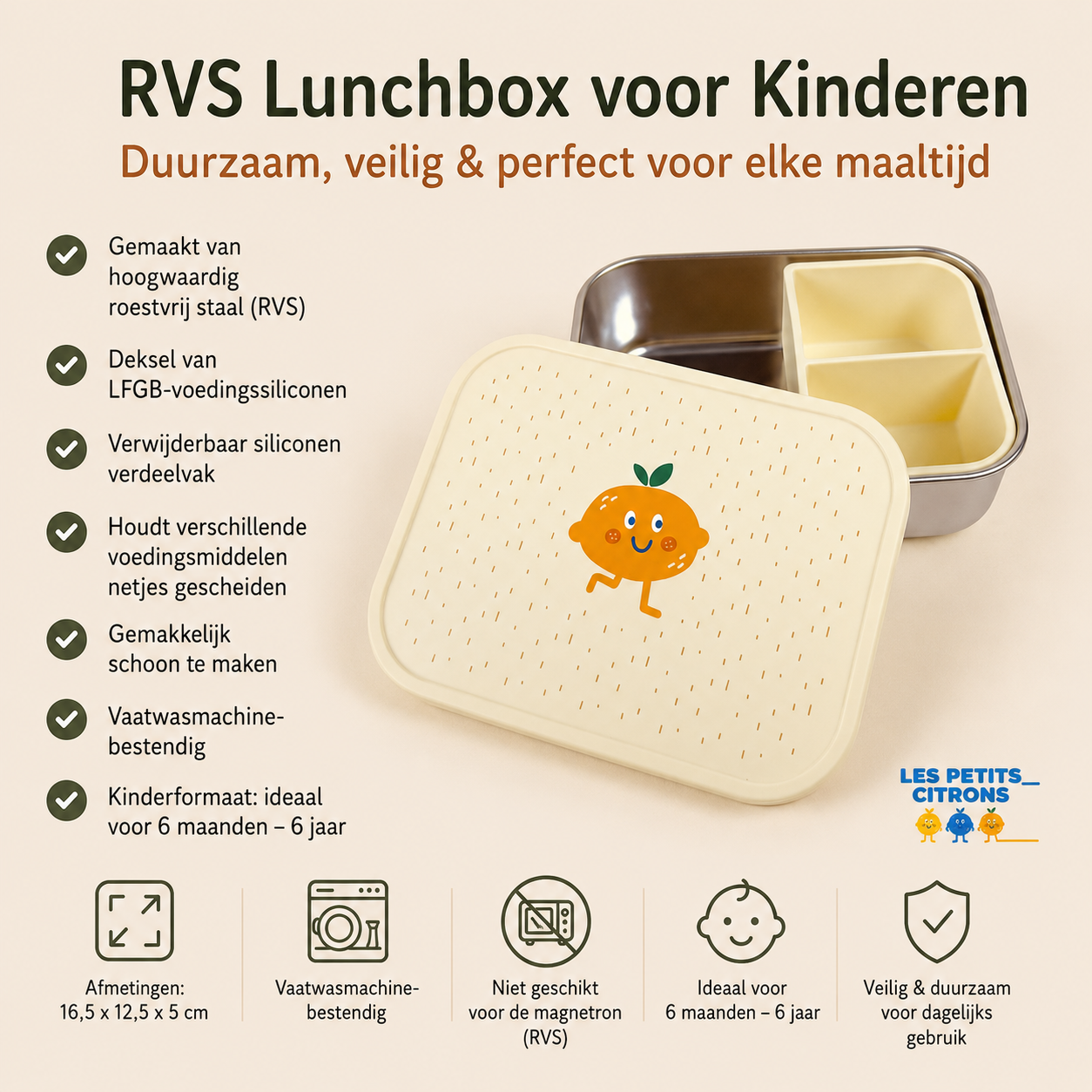 RVS Kinder Lunchbox met Siliconen Verdeelvak – Citroen Fruitprint