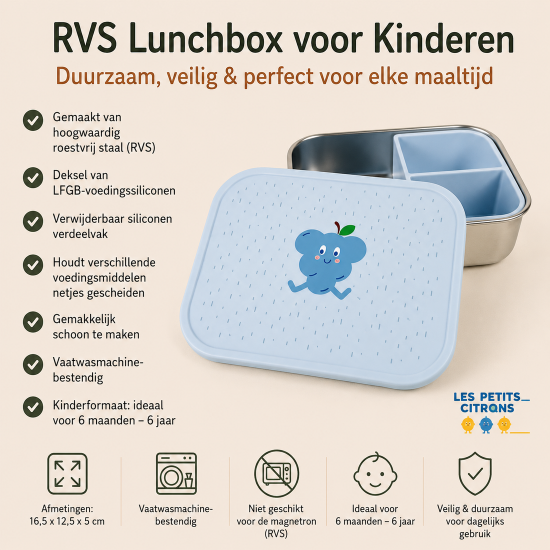 RVS Kinder Lunchbox met Siliconen Verdeelvak – Druifje Fruitprint