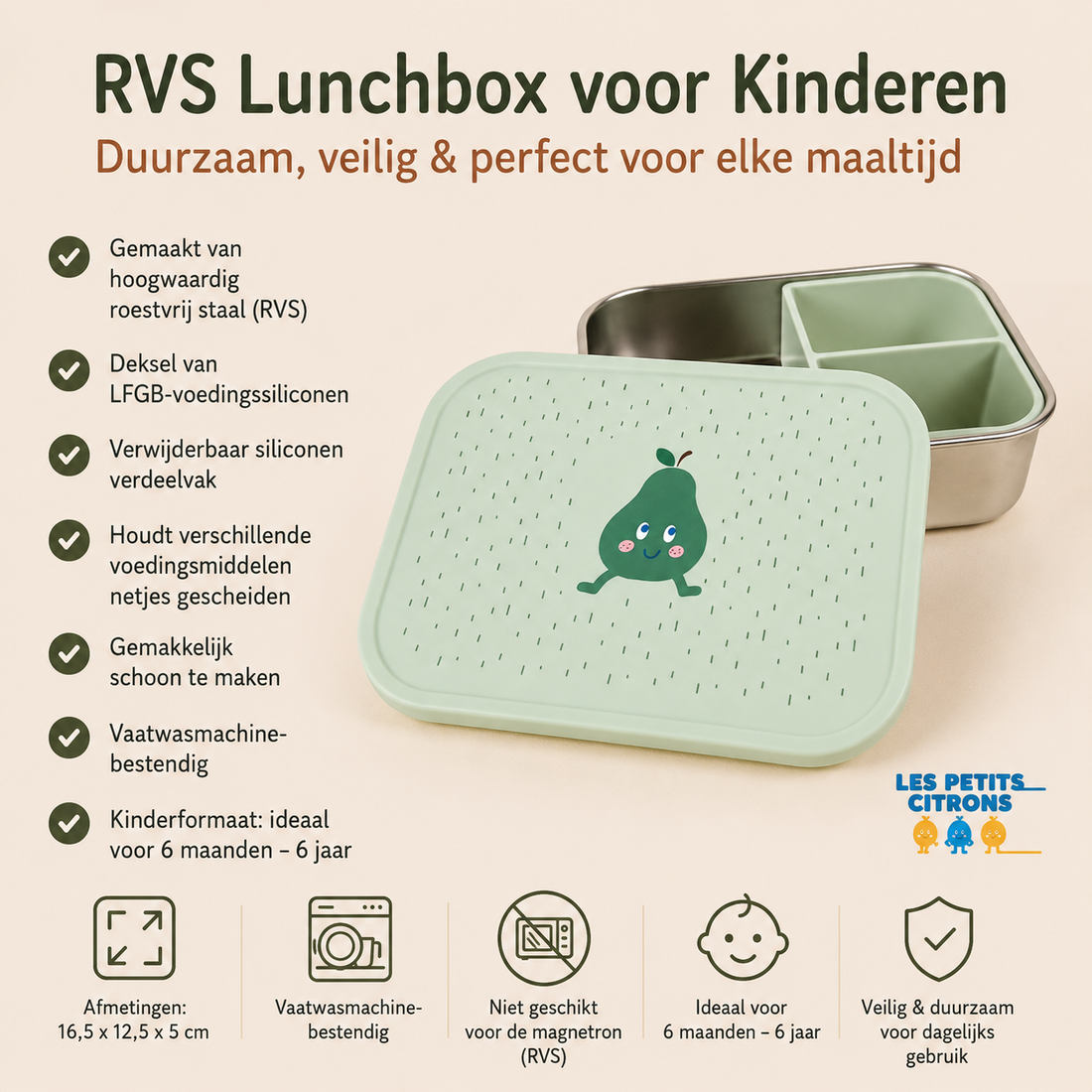 RVS Kinder Lunchbox met Siliconen Verdeelvak – Peertje Fruitprint