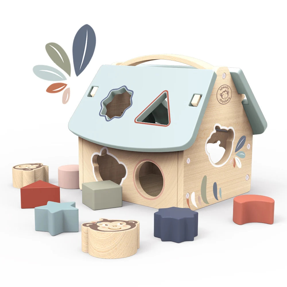 Houten Huisvormige Sorteerpuzzel met Leuke Vormblokjes – Speedy Monkey