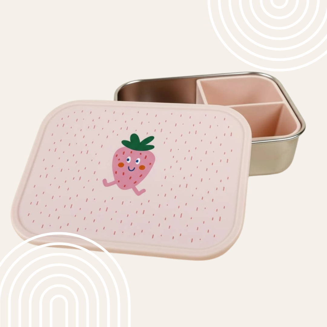 RVS Kinder Lunchbox met Siliconen Verdeelvak – Aardbei Fruitprint