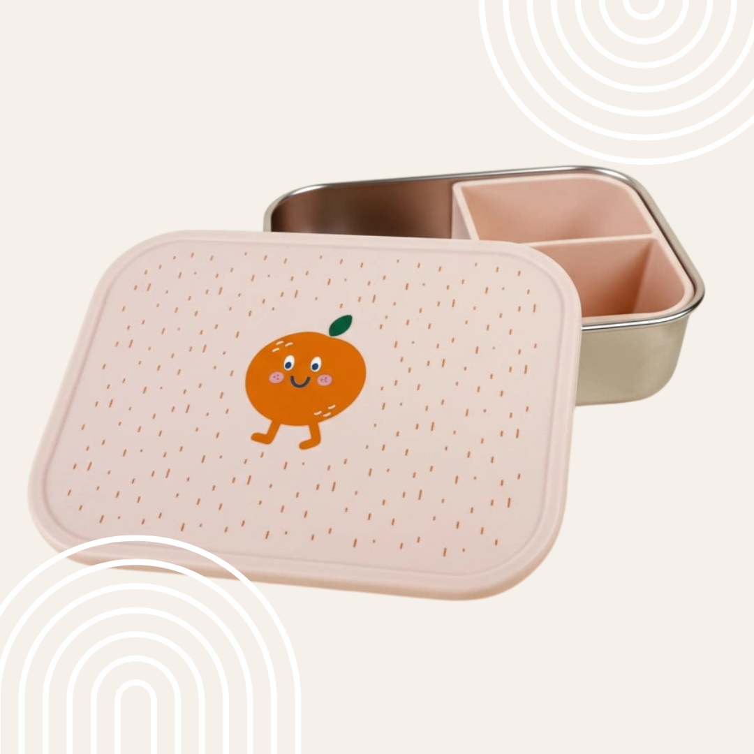 RVS Kinder Lunchbox met Siliconen Verdeelvak – Appelsien Fruitprint