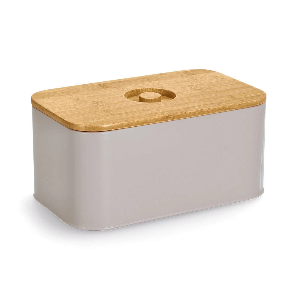 Zeller Present Broodtrommel metaal beige/grijs met bamboe deksel