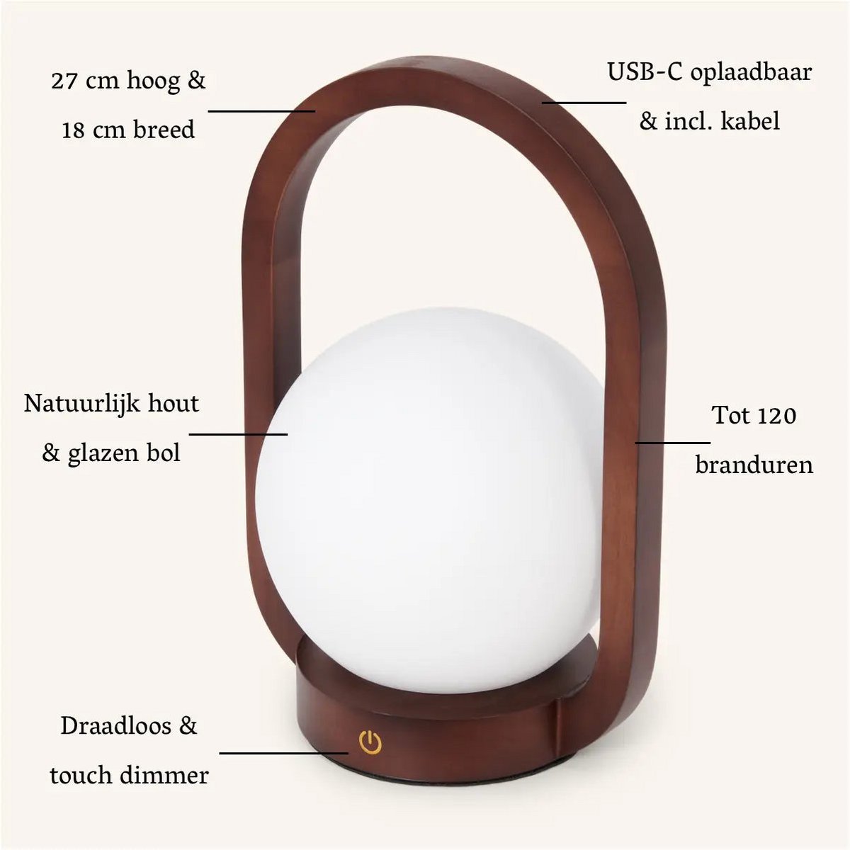 Skye Donkerbruine Houten Snoerloze Lamp | Oplaadbaar en dimbaar ontwerp| Tavellio Amsterdam