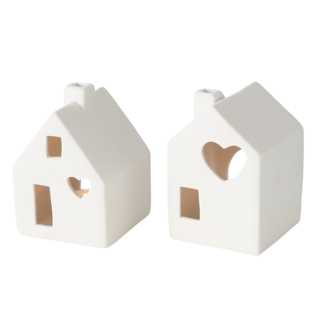 Set of 2 Tealight Houses Ceramic White